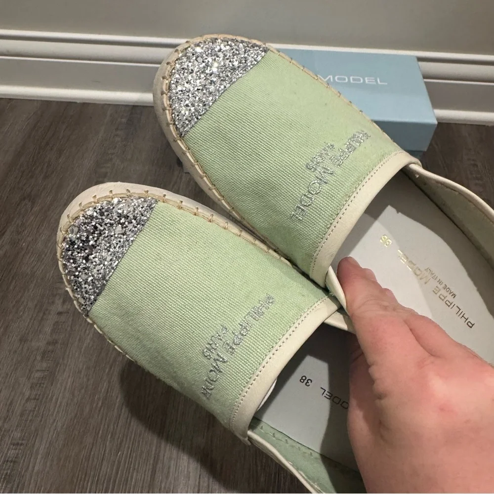Philippe Model Marseille Low Canvas Glitter Detail Green Espadrille Flats